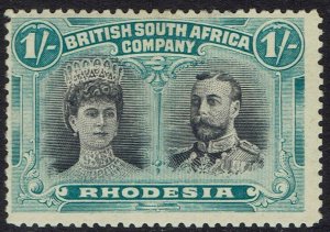 RHODESIA 1910 KGV DOUBLE HEAD 1/- GREY BLACK AND DEEP BLUE GREEN PERF 14