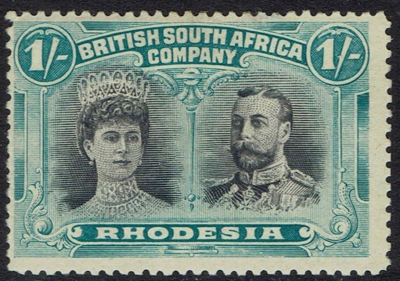 RHODESIA 1910 KGV DOUBLE HEAD 1/- GREY BLACK AND DEEP BLUE GREEN PERF 14