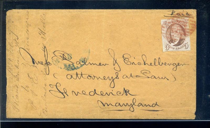 Scott #1 Franklin Used Stamp  on Nice Cover to Frederick Maryland (Stock 1-191)