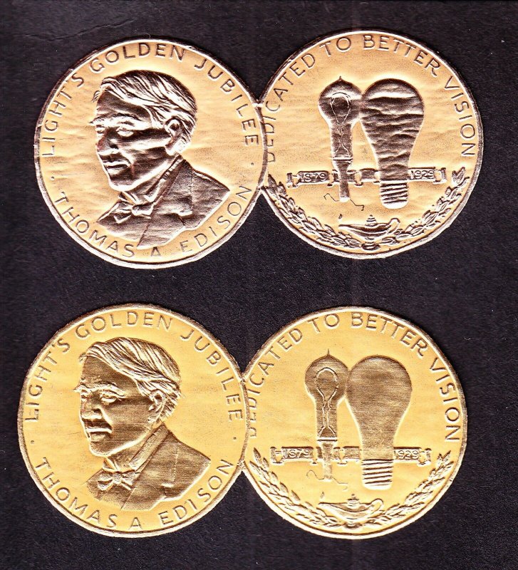 US 1932 2 Edison Golden Jubilee Embossed Foil Seals 