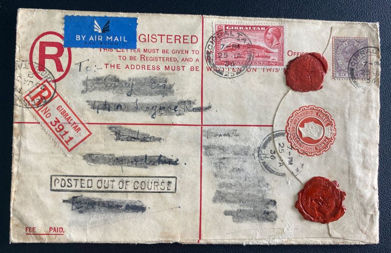 1936 Gibraltar Airmail Red Wax Seal Cover To Toulouse France