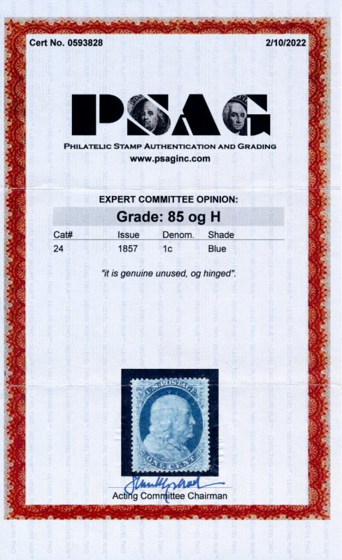 US 24 1c 1857 Benjamin Franklin unused OG hinged PSAG grade 85