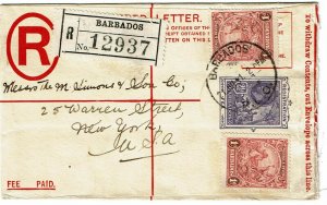 Barbados 1930 uprated registry envelope to the U.S.