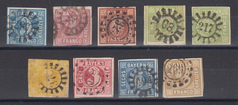 Bavaria Sc 2, 4-6, 6b, 9-12 used 1849-1862 Numerals, 9 diff, millwheel cancels