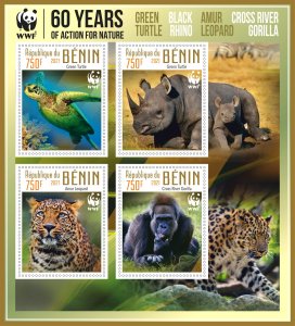 Stamps. Fauna.WWF. Animals 2021 year 1+1 sheets perf Benin