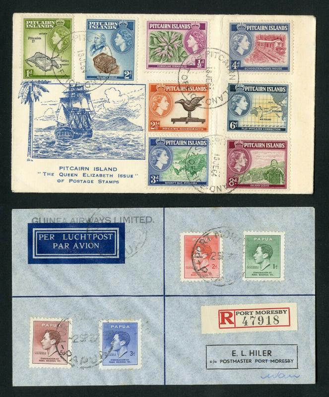 Papua - Pitcairn Islands 2x Covers Registered w/ numerous Stamps