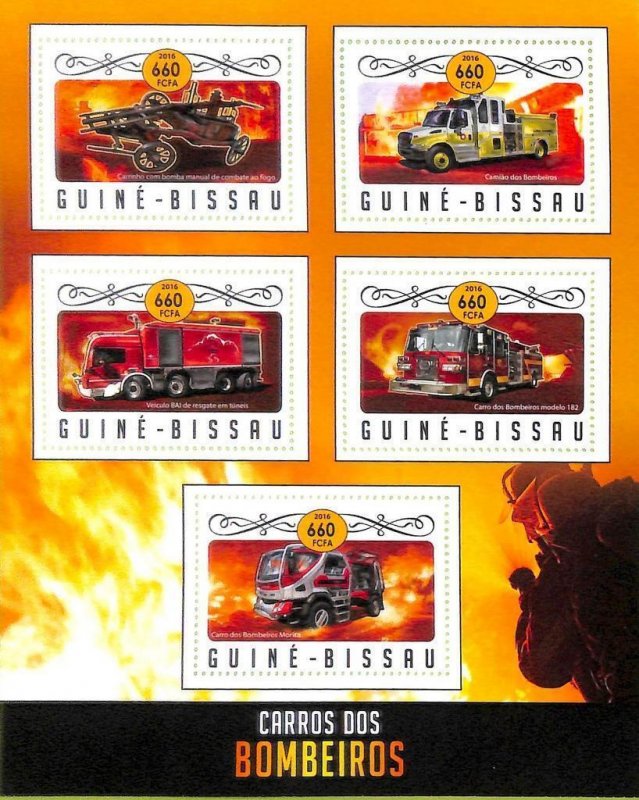 A7853 - Guinea-Bissau -  Stamp Sheet - 2016 FIRE FIGHTERS transport