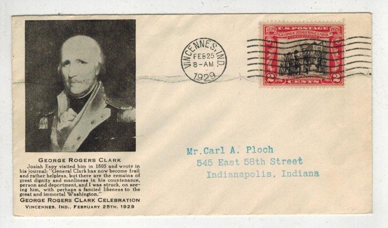 1929 OLD FIRST DAY COVER GEORGE ROGERS CLARK VINCENNES INDIANA 651-1 CARL PLOCH