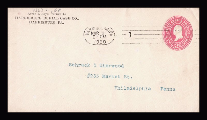 U363 HARRISBURG PA BARRY OVAL MACHINE CANCEL RETURN ADDRESS BURIAL CASE CO 1900