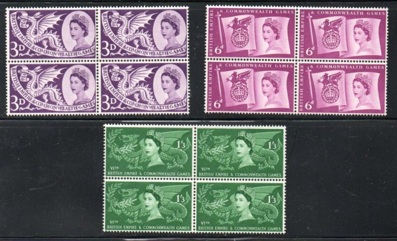 Great Britain Sc 338-40 1958 Commonwealth Games stamp set bl of 4 mint NH