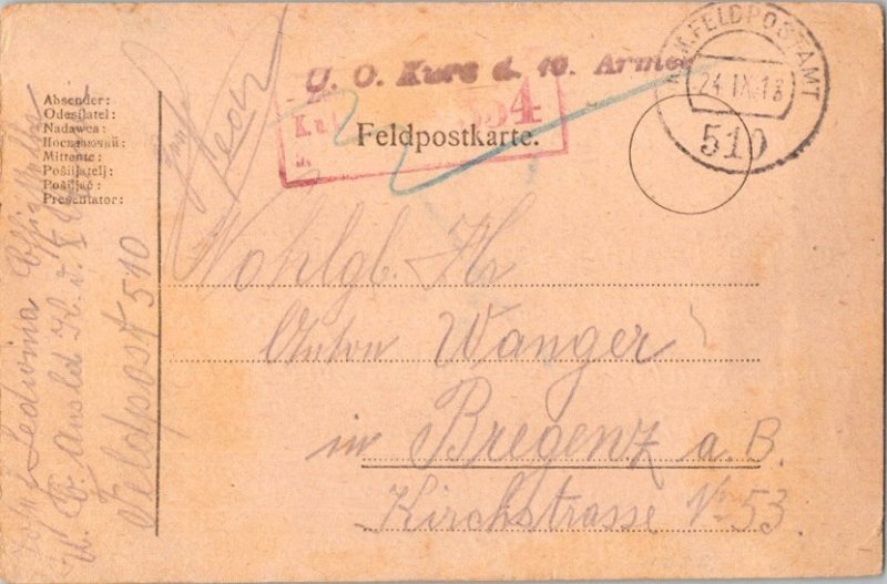 Austria Soldier's Free Mail 1918 K.u.K. Feldpostamt 510 10th Armee Feldpostca...