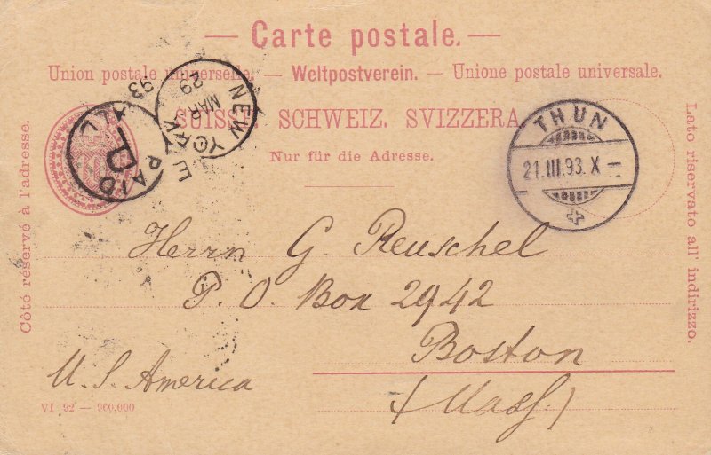 Switzerland 1893 10c Numeral in Oval Postal Card. Thun to Boston. Stamp Dealer