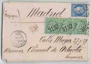 France 1872 5c Napoleon Strip Pale Green + 25c Ceres Cover to Madrid Spain