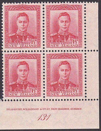 NEW ZEALAND GVI 1½d red plate block # 131 MNH...............................4139