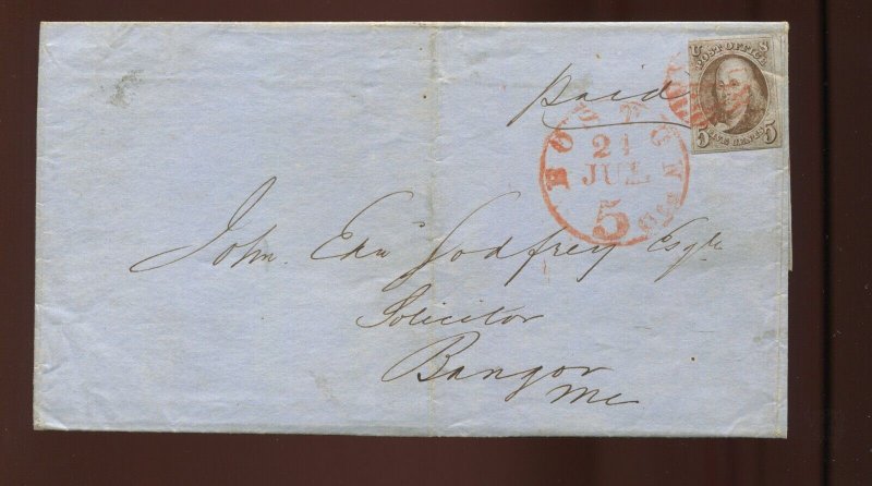 1 Franklin Imperf Used Stamp on Cover Boston to Bangor Maine (LV 1632) 