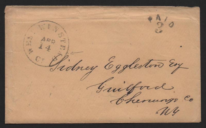 STAMPLESS US COVER April 14, 1855 West Winsted (Winstead) CT Error Arc PAID 3 