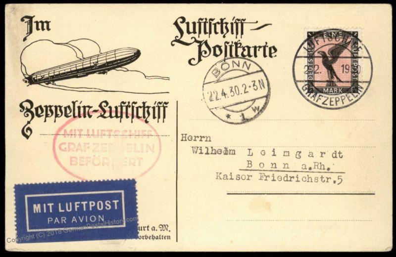 Germany Graf Zeppelin  1930 DELAG Cover Si54B Bonn Bordpost 84850