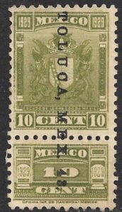 MEXICO REVENUES 1929 10c Coat of Arms TOLUCA MEX 42 Control R591A Used