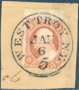 #10 USED ON PIECE WITH WEST TROY NY CDS WITH NUMERAL 5 CV $215.00 BP2027