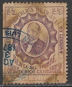 MEXICO REVENUES 1879 25c Juarez Documentary Tax S.L. POTOSI Control Used DO52