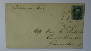 1859 Todds Valley Placer California to Canton Center CT  10c Steamer Mail Cover