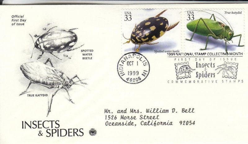 1999, Insects & Spiders-Spotted Water Beetle, True Katydid, PCS, FDC (E7770)