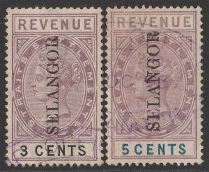 MALAYA - Selangor ca1889 'SELANGOR' on QV Revenue 3c & 5c, seriffed.