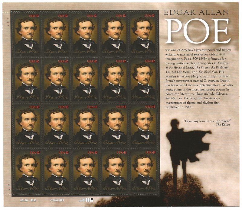 Catalog # 4377 Full Sheet of 20 Edgar Allan Poe Writer Novelist The Raven etc.