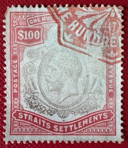 MALAYA 1912 SS KGV $100 Fine Used MCCA SG#214 perf fault M3334#