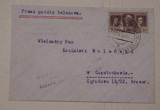 POLAND  COVER BALLOON 1934 SEPT 23  GORDON FLIGHT WARSAW B/S CZCZUCZYN