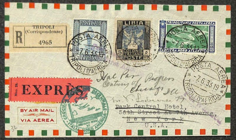 TRIPOLITANIA C28 LIBYA #25 & 30 STAMPS ITALY BALBO REGISTERED AIR MAIL COVER '33