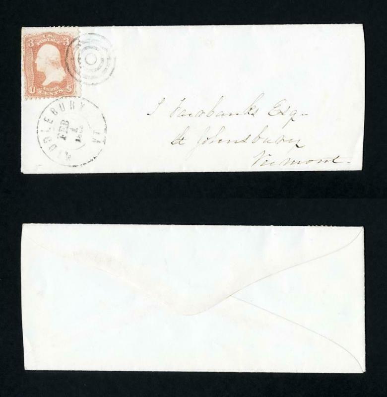 # 65 on cover from Middlebury, Vermont to St. Johnsburg, Vermont dated 2-1-1865