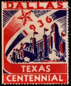 1936 US Poster Stamp Texas Centennial Exposition Dallas Unused