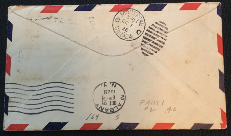 US First Flight Cover FAM 1 10/1/1928 Albany to Montreal Canada #C11 L19