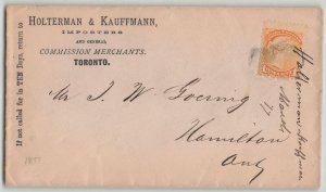 Canada 1877 1c Small Queen Cover Toronto Merchants to Hamilton Ontario