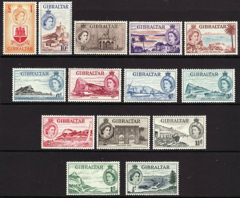 1953 Gibraltar QE portrait type complete MVVLH set (14) Sc# 132 / 145