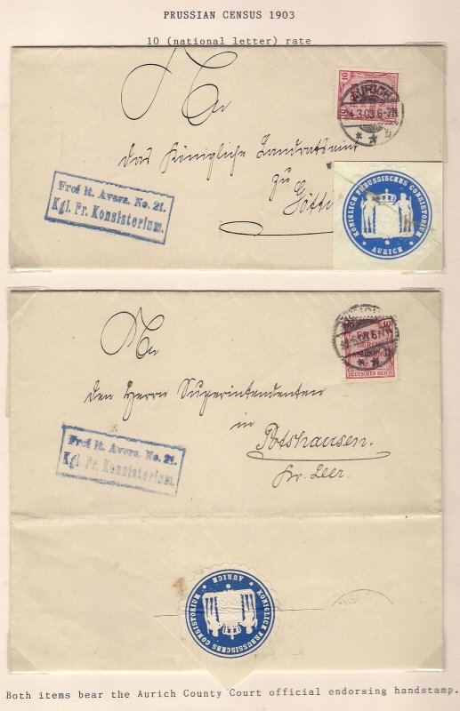 Prussia 1903 Two Covers AURICH CONSISTORIUM Frei durch Ablösung Deutschland