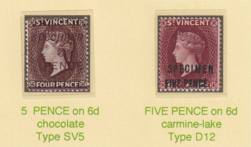 St VINCENT 1892-3 QV the two 5d values opt'd SPECIMEN