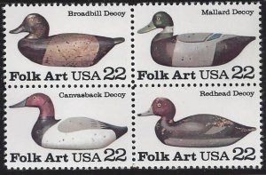 USA #2141a MNH block of 4, various duck decoys, issued 1985