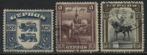 Cyprus KGV 1928 6, 9, &18 piastres used