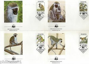 St. Kitts 1986 WWF Green Monkey Wildlife Animal Mammals Fauna Set of 4 FDCs - 14