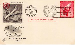 United Nations 1959 FDC Sc UXC3 Artcraft Cachet UN Air Mail Postal Card