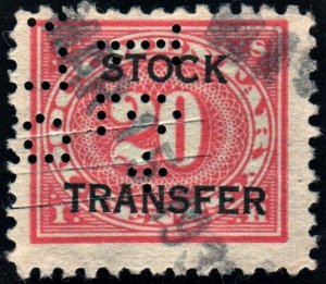 RD6 20¢ Revenue: Stock Transfer; Double Transfer (1918) Perfin/Cut Cancelled