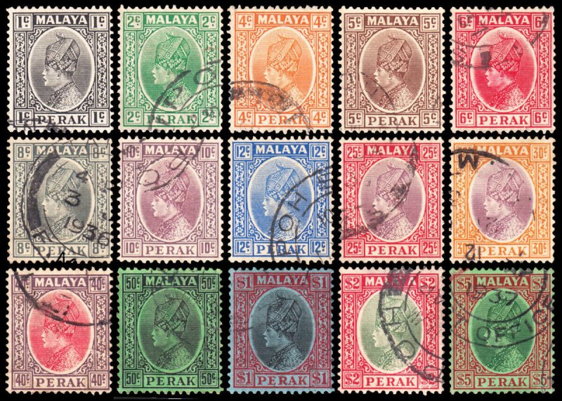 Malaya - Perak 69-83 (1935-37) Used F-VF Complete Set, CV $68.15 C 
