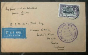 1936 Colombo Ceylon First Xmas Flight cover FFC to England Via India