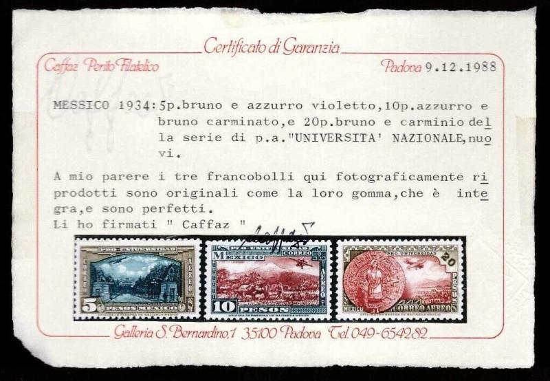 Mexico 1934 University Airmail set 20c-20P. MNH Sc C54-61 (cert. Caffaz)   -CC93