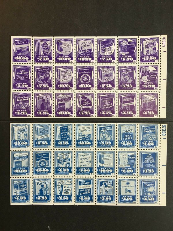 Two Different Full Panes of 21 Book of the Month Club Stamps/Labels