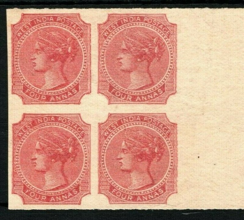 INDIA QV Stamp PROOF/COLOUR TRIAL/ESSAY 4a Red (1866) Marginal Block 4 RARE SS38