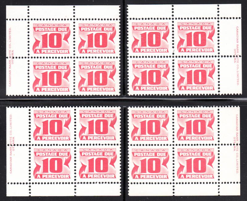 Canada 1977 MNH Sc J35a 10c Fourth Issue Postage Due Set of 4 Plate Blocks