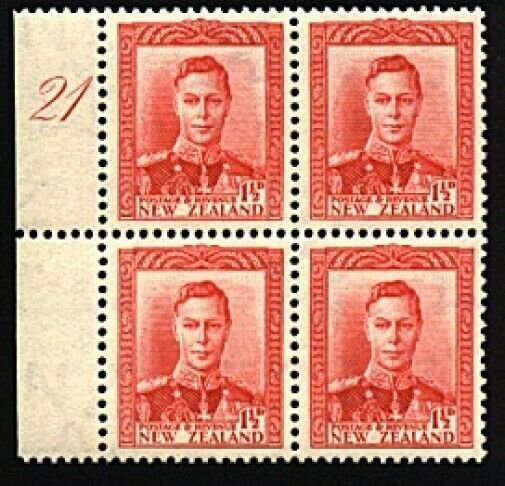 NEW ZEALAND GVI 1½d red plate block # 21 left margin MNH...................98594